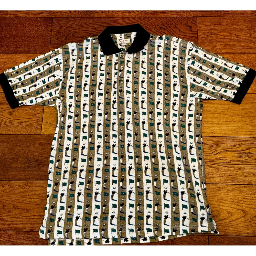 Vtg Sauce by Berne Men's L Golf All Over Print Polo Shirt Tan White AOP 90s Y2K
